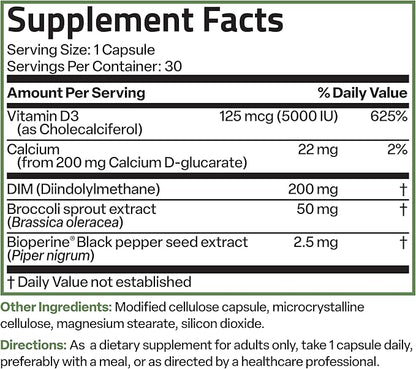 Bronson DIM Balance+ Calcium D-Glucarate, Broccoli Sprouts and Vitamin D3 200 MG of DIM per Capsule Supports Estrogen Metabolism and Balanced Hormone Levels Non-GMO, 30 Vegetarian Capsules