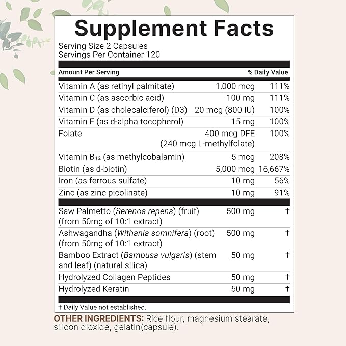 Hair Growth Vitamins Complex, 240 Capsules | 14-in-1 Formula with 5,000mcg Biotin, Collagen, Keratin, Vitamin C, Saw Palmetto, & More | Vitaminas Para El Cabello | Promotes Natural Growth & Thickness