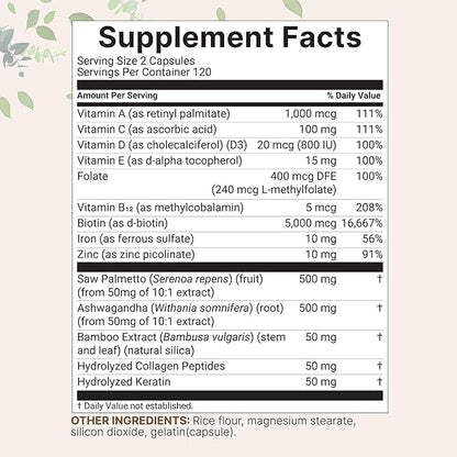Hair Growth Vitamins Complex, 240 Capsules | 14-in-1 Formula with 5,000mcg Biotin, Collagen, Keratin, Vitamin C, Saw Palmetto, & More | Vitaminas Para El Cabello | Promotes Natural Growth & Thickness