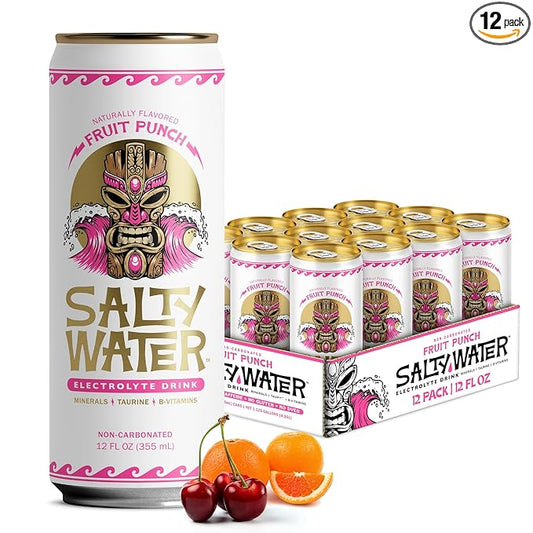 SaltyWater Electrolyte Drink, Fruit Punch – Zero Sugar Premium Hydration Drink, 10 Calories, Minerals, Taurine, B-Vitamins, Non-Carbonated - Zero Caffeine Electrolyte Sports Drink - Keto, Paleo, Vegan - 12 Pack (12 oz)