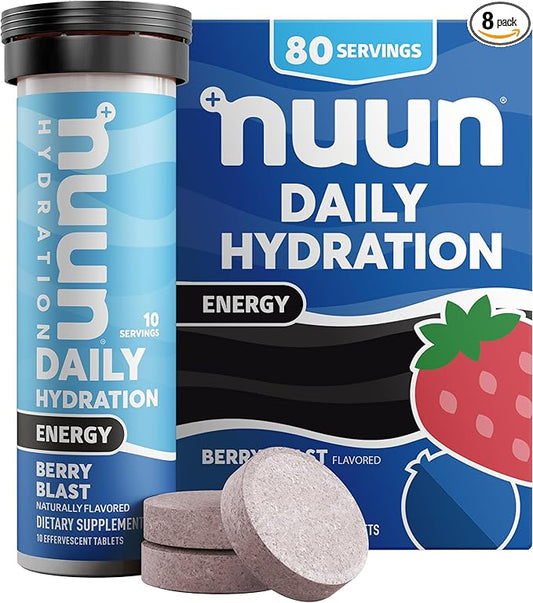 Nuun Hydration Energy Electrolyte Tablets with Caffeine, B Vitamins and Ginseng, Berry Blast, 5 Essential Electrolytes for Hydration, Vegan, Non-GMO, 8 Pack (80 Servings)