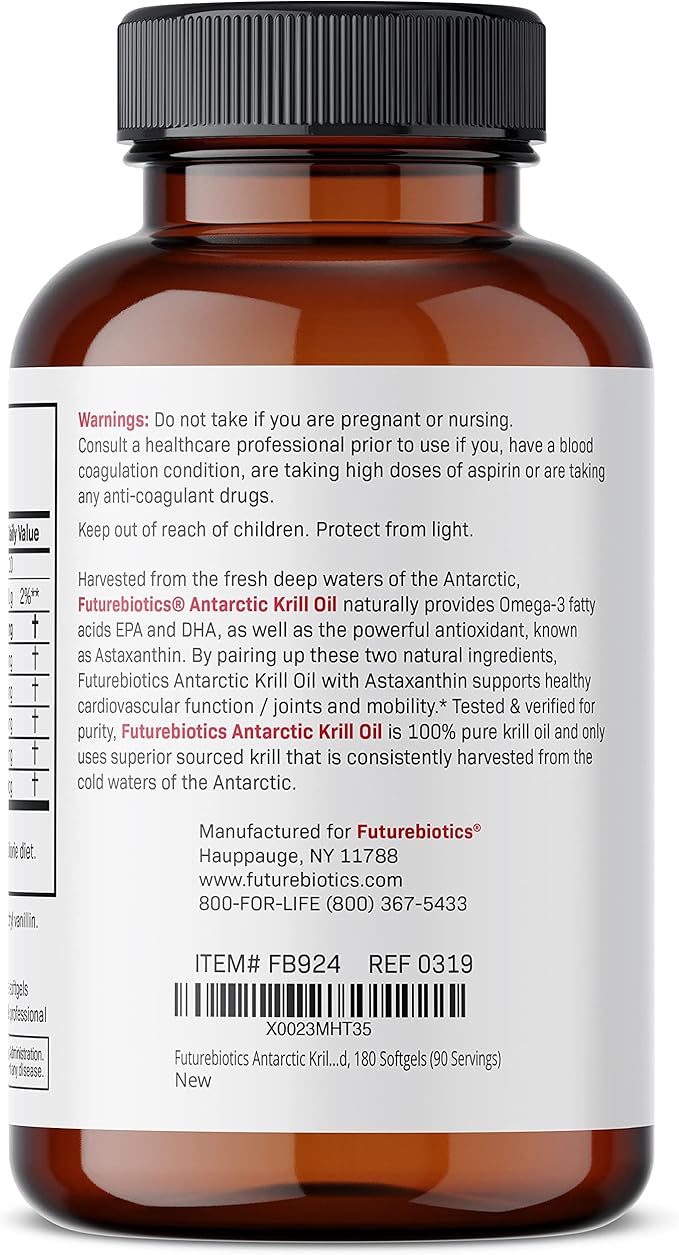 Futurebiotics Antarctic Krill Oil 1000mg Omega-3s EPA, 100% Pure 180 Softgels (90 Servings)