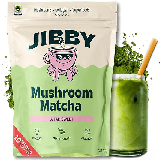 JIBBY Mushroom Matcha Super Latte - Ceremonial Grade Green Tea Organic Matcha Powder, Collagen, MCT Oil, Superfood Mushrooms, Matcha Latte Collagen Powder, Matcha Powder (A Tad Sweet, 10 Servings)