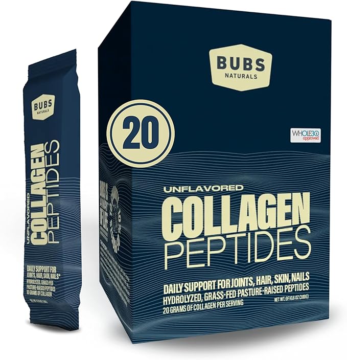 BUBS Naturals Unflavored Collagen Peptides Powder Whole30 Approved, (20 Stick