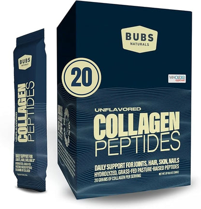 BUBS Naturals Unflavored Collagen Peptides Powder Whole30 Approved, (20 Stick