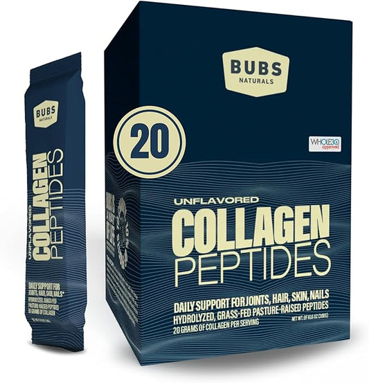 BUBS Naturals Unflavored Collagen Peptides Powder Whole30 Approved, (20 Stick