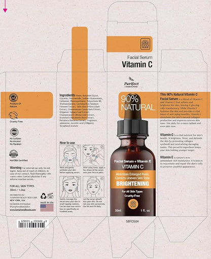Purifect Natural Vitamin C Vegan Facial Serum - Enhances Skin Radiance, Hydration, and Firmness with Niacinamide & Vitamin E, 30ml (Made in the USA)