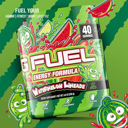 G Fuel Watermelon Limeade Energy Drink Powder, Pre Workout Caffeine Powder, Energy Powder Drink Mix for Gaming, Sugar Free Focus Amino, Vitamin + Antioxidants, 9.9oz (Watermelon Limeade, 40 Servings)