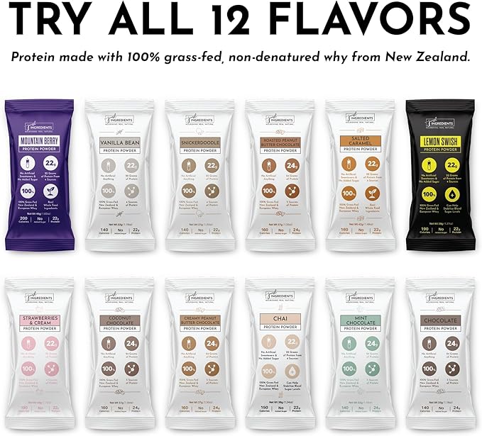 JUST Ingredients Variety Pack Protein Powder | 12 Servings | 100% Grass-Fed Whey | Non-GMO, Gluten-Free, No Artificial Flavors