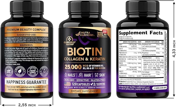 Biotin | Collagen | Keratin - 25,000 mcg B2, B3, B3, B6 B6 & B7 - 120 Capsules, 2 Capsules
