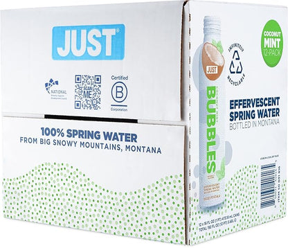 JUST Bubbles Coconut Mint - Pure Premium Sparkling Spring Water in a Fully Recyclable Reusable Eco-Friendly Bottle - 100% Mountain-Sourced Carbonated Water with Naturally Occurring Minerals, 16 Fl Oz (Pack of 12)