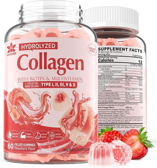 Sugar-Free Hydrolyzed Collagen Peptide Filled Gummies,Extra 1500mg Protein 5000mcg Biotin D3 B6 B6 B12 B12 for