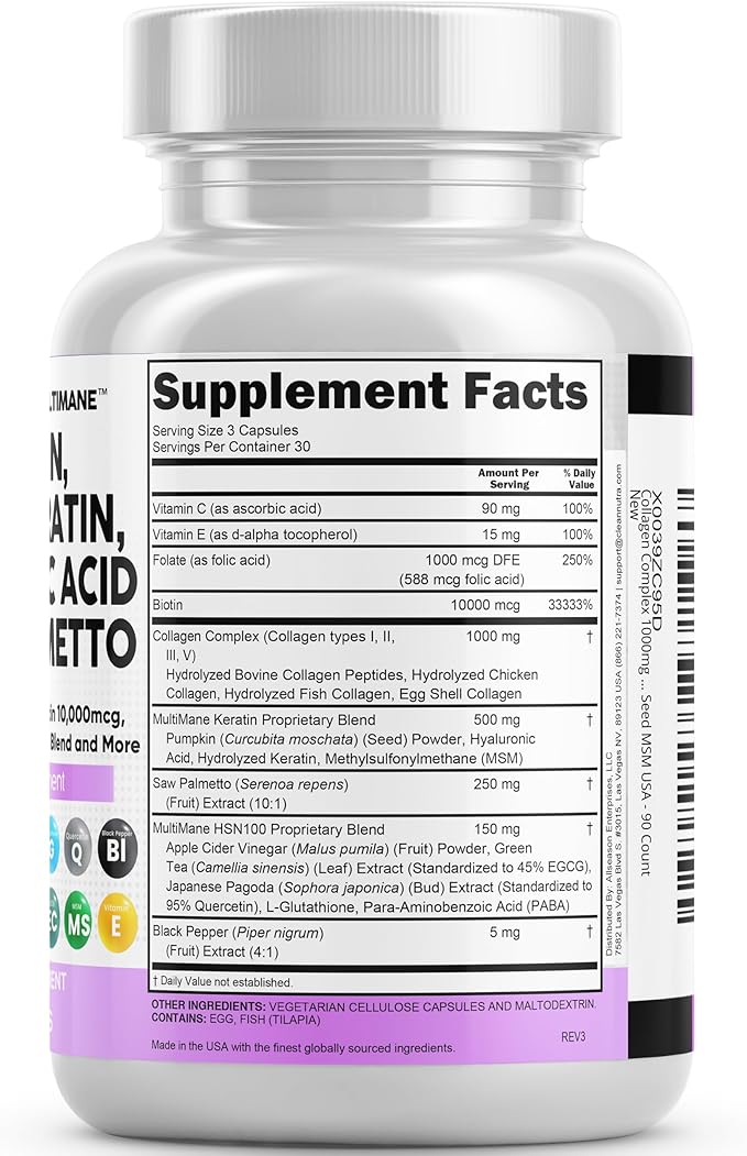 Clean Nutraceuticals Collagen Pills 1000mg Biotin 10000mcg Keratin 90 Count