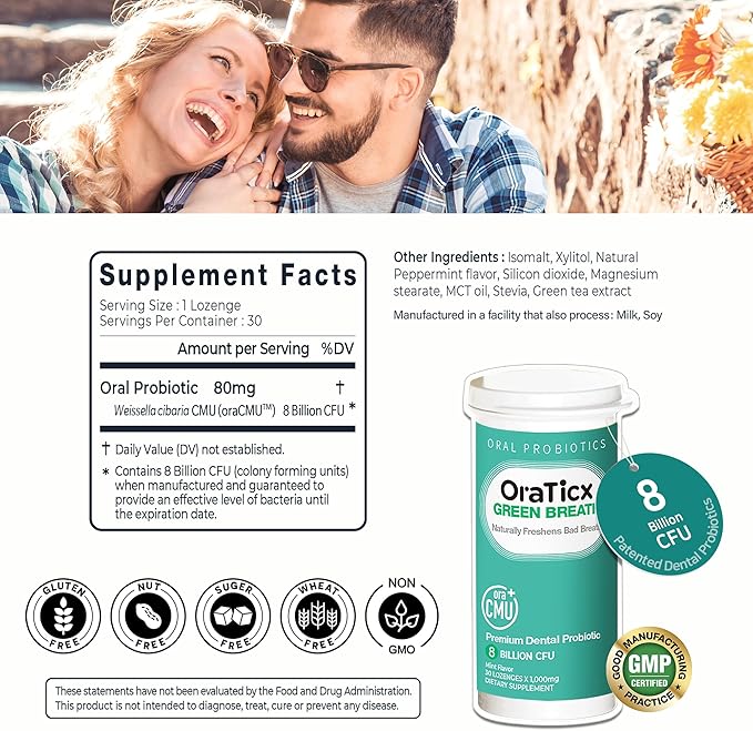 Oral Probiotics Green Breath, Freshen Bad Breath, Dental Probiotic Supplement for Oral Health, 8 Billion CFU, Mint Flavor 30 Lozenges 2-Pack
