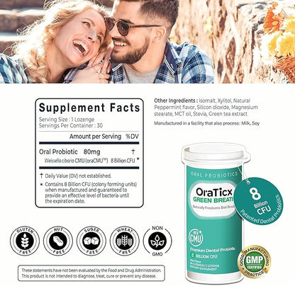 Oral Probiotics Green Breath, Freshen Bad Breath, Dental Probiotic Supplement for Oral Health, 8 Billion CFU, Mint Flavor 30 Lozenges 2-Pack