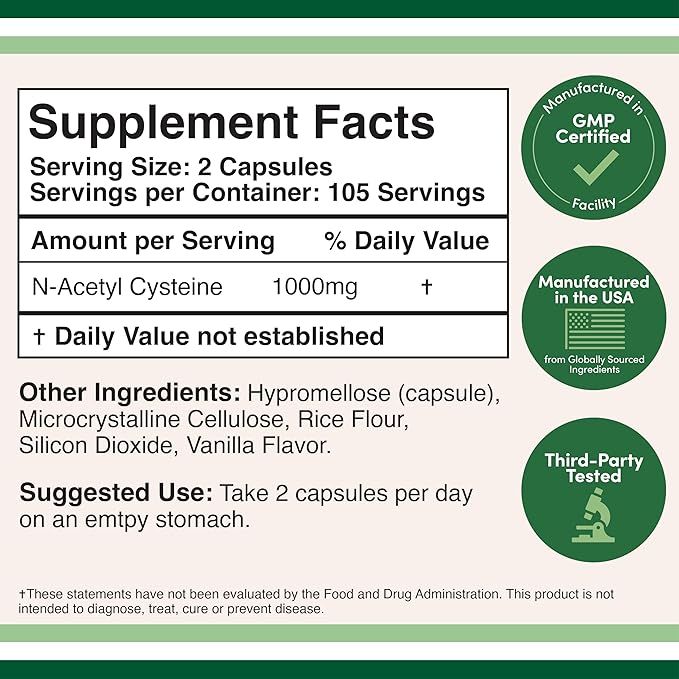 NAC Supplement N-Acetyl Cysteine (1,000mg Per 500mg Per 210 Capsules)
