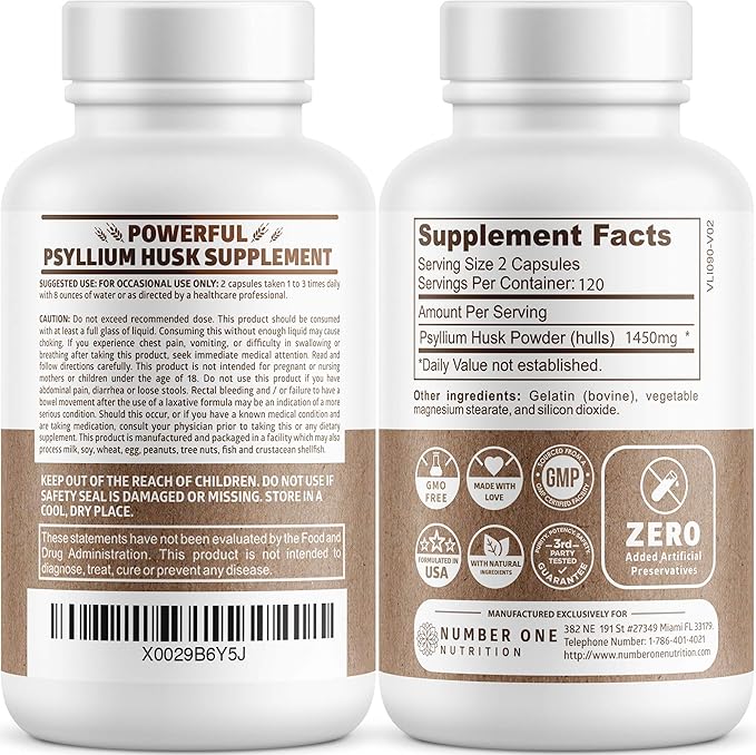 N1N Premium Psyllium Husk Capsules [All Natural,1450 MG] 240 Caps