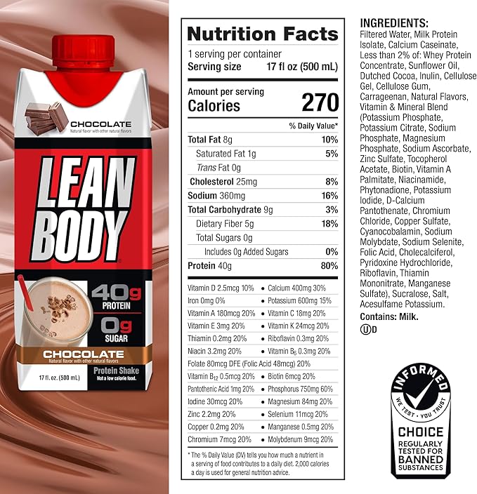Lean Body Ready-to-Drink Chocolate Protein Shake, 40g Protein, 0 Sugar, 22 Vitamins 17 Fl 12)