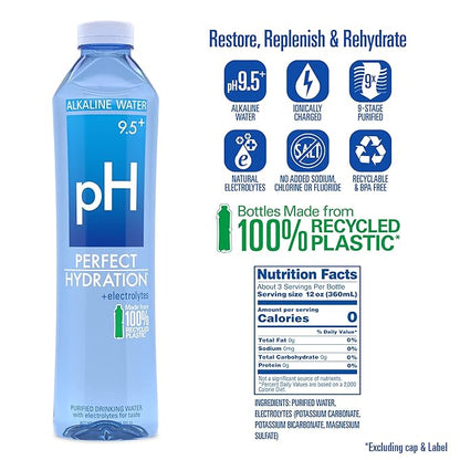 Perfect Hydration 9.5+ pH Alkaline Drinking Water | 100% Recycled Bottles | Electrolyte Minerals for Taste | 12 pack - 1 Liter (33.8 oz)