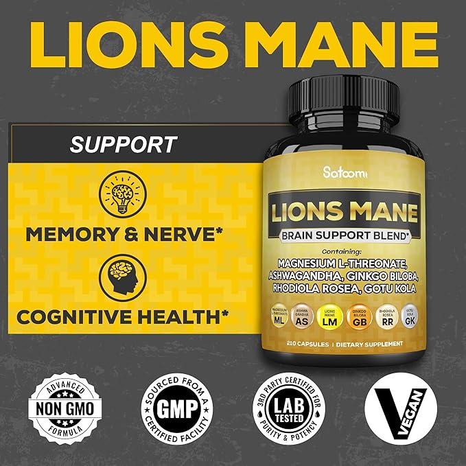 Lions Mane Supplement Capsules with Magnesium 210 Vegan