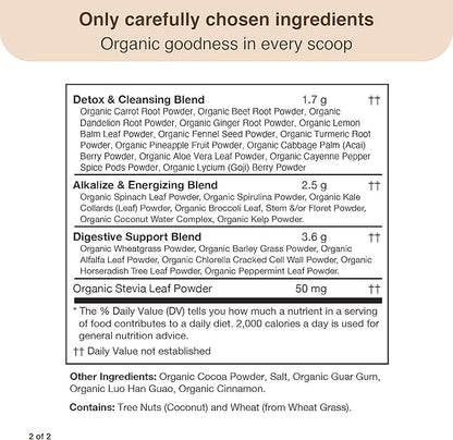 Detox Organics Chocolate Superfood Powder – Cleanse and Detox Smoothie Mix Supplement with Organic Greens Blend, Digestive Enzymes, Immune Support, Bloating Relief, Vegan, Low-Carb (30 Servings)