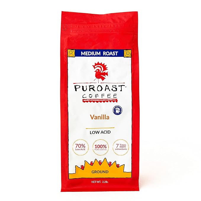 Puroast Low Acid Coffee Ground | Vanilla Blend Ground | Medium Roast | High Antioxidants & High pH |No Bitter Aftertaste | Reduced Heartburn & GERD | Suitable for Cold Brew - 2.2 LB