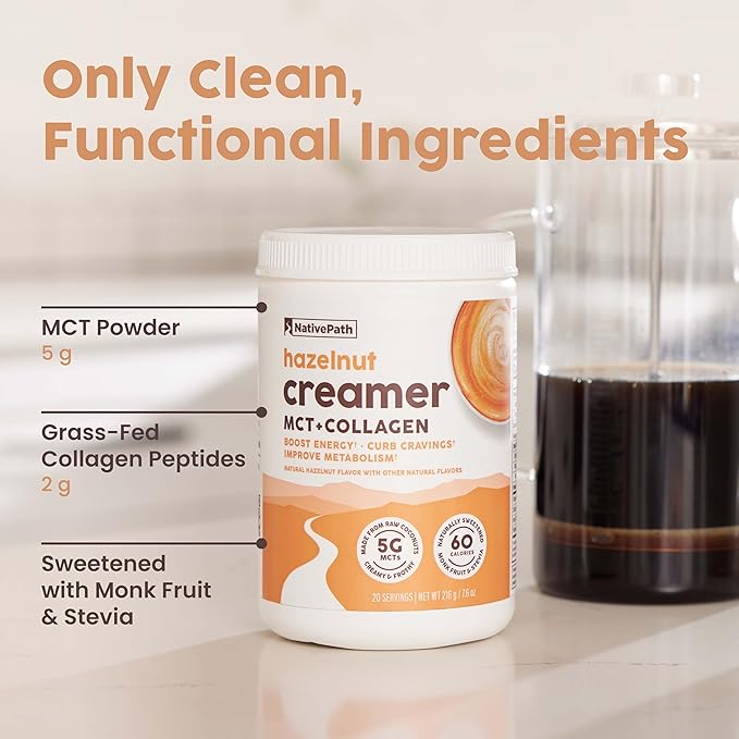 NativePath Keto Coffee Creamer Powder Hazelnut — Keto-Friendly, Non-Dairy & Low Sugar Creamer. Made with Grass-fed Collagen Protein Powder, MCT Oil & Monk Fruit. Soy & Gluten Free (7.6OZ)