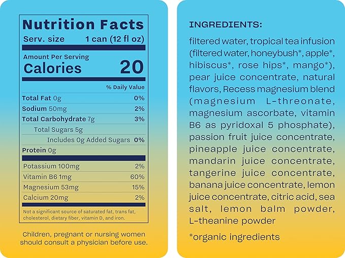 Recess Mood Magnesium Supplement Drink Calming 12 Ounce, 12 (Tropical
