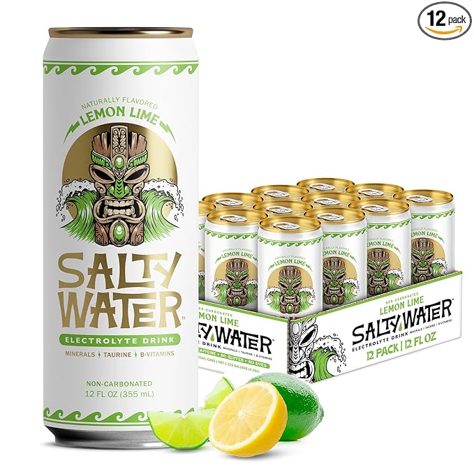 SaltyWater Electrolyte Drink, Lemon Lime – Zero Sugar Premium Hydration Drink, 10 Calories, Minerals, Taurine, B-Vitamins, Non-Carbonated - Zero Caffeine Electrolyte Sports Drink - Keto, Paleo, Vegan - 12 Pack (12 oz)