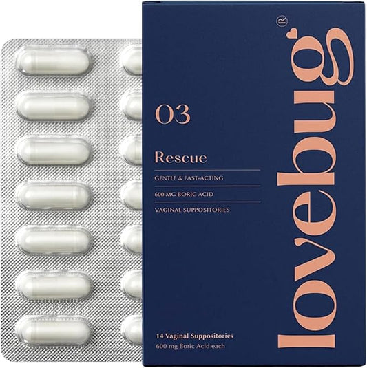 LoveBug Women's Health Rescue Vaginal Boric Acid Suppositories for Women - Fast Acting Suppository for Odor, Discharge, Yeast, and pH Balance with Coconut Oil, Hyaluronic Acid & Vitamin E, 14 ct