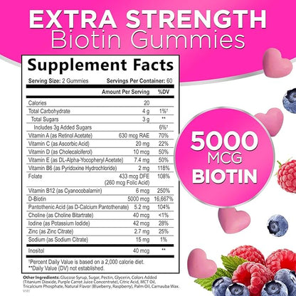 Hair Vitamins Gummy with Biotin 5000 120 Gummies