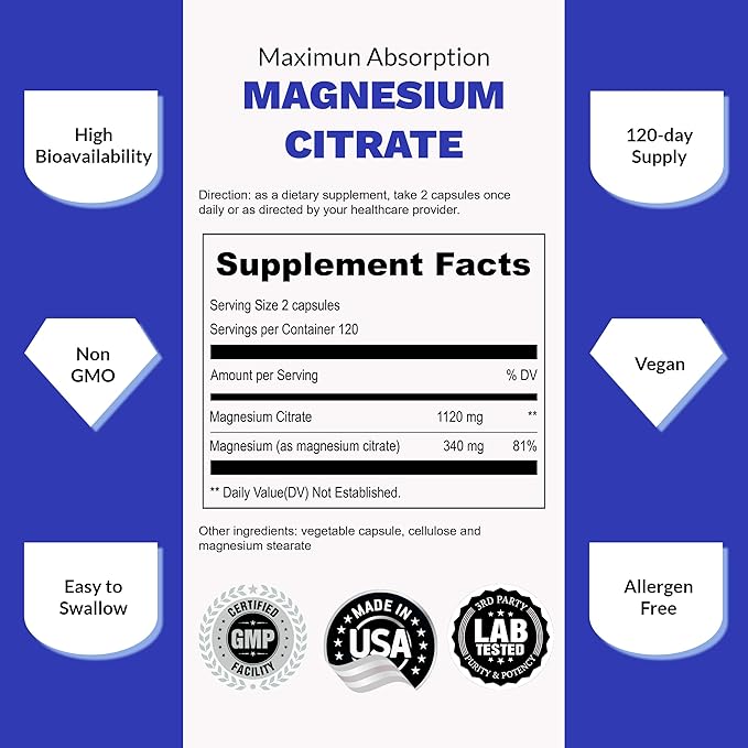 UpNourish Pure Magnesium Citrate (Citrato de Magnesio) 1120mg, 240 Capsules - High Absorption Magnesium Supplement for Women & Men - Natural Calm Magnesium for Constipation, Relax, Cramp Defense