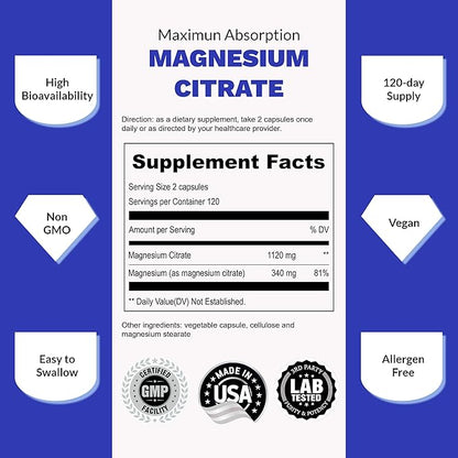 UpNourish Pure Magnesium Citrate (Citrato de Magnesio) 1120mg, 240 Capsules - High Absorption Magnesium Supplement for Women & Men - Natural Calm Magnesium for Constipation, Relax, Cramp Defense