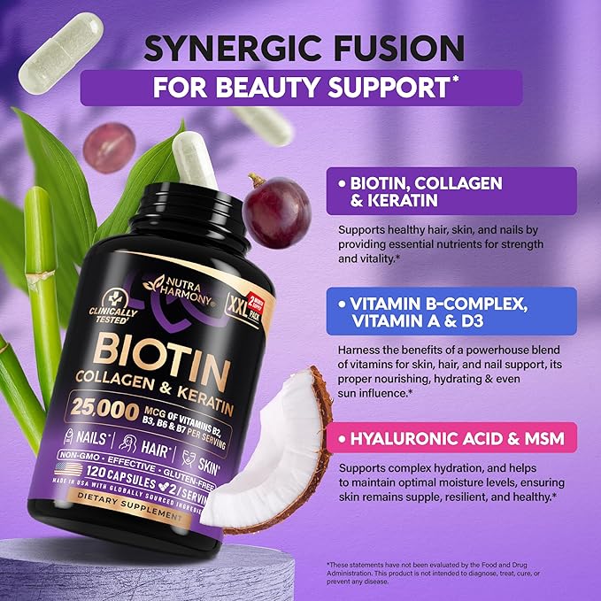 Biotin | Collagen | Keratin - 25,000 mcg B2, B3, B3, B6 B6 & B7 - 120 Capsules, 2 Capsules