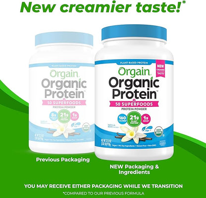 Orgain Organic Vegan Protein + 50 Superfoods Powder, Vanilla Bean - 21g Plant Based Protein, 8g Prebiotic Fiber, No Lactose Ingredients, Gluten Free, No Added Sugar, Non-GMO, 2.02 lb