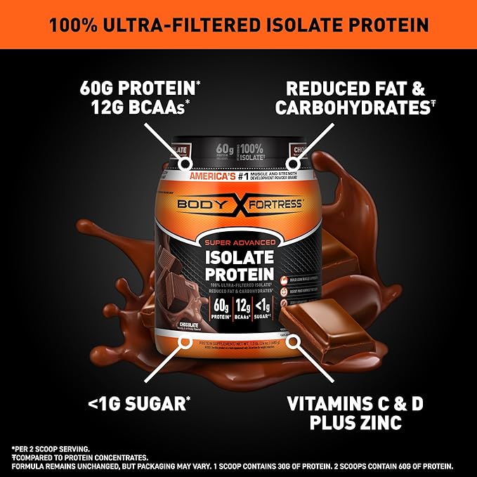 Body Fortress Super Advanced 100% Ultra-Filtered 60g Protein 12g BCAAs 2 Scoops, 1.5lbs
