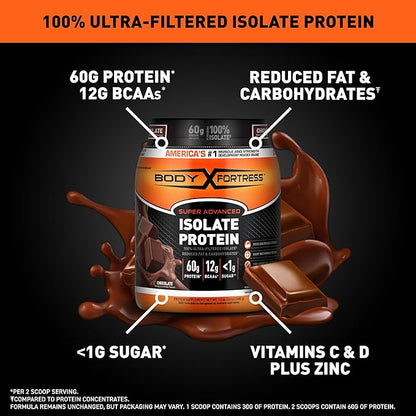 Body Fortress Super Advanced 100% Ultra-Filtered 60g Protein 12g BCAAs 2 Scoops, 1.5lbs