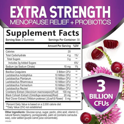 Menopause Probiotic for Women Gummy with Cranberry, 3 Billion CFU Natural Menopause Relief for Mild Hot Flashes & Night Sweats, PH, Vaginal Health, Immune Support, Probiotic Supplement - 60 Gummies