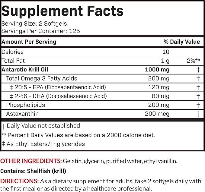 Futurebiotics Antarctic Krill Oil 1000mg Omega-3s EPA, 100% Pure 250 Softgels (125 Servings)