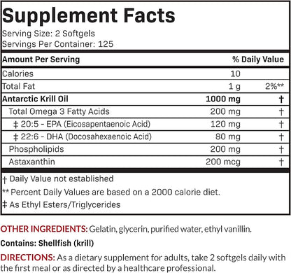 Futurebiotics Antarctic Krill Oil 1000mg Omega-3s EPA, 100% Pure 250 Softgels (125 Servings)