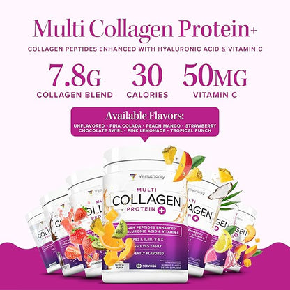 Multi Collagen Peptides Powder for Women and Men - Instant Dissolving Grass Fed Hydrolyzed Collagen Powder Drink Mix for Beautiful Hair Skin and Nails with Hyaluronic Acid and Vitamin C