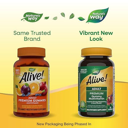 Nature's Way Alive! Adult Premium Multivitamin Gummy, Full B-Vitamin Complex, Supports Energy Metabolism & Heart Health*, 90 Gummies (Packaging May Vary)