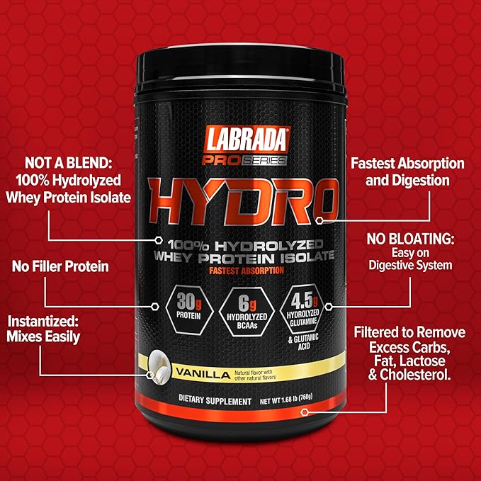 Labrada HYDRO 100% Pure Hydrolyzed Whey 6g BCAA’s, 4.5g Glutamine, 20 Servings