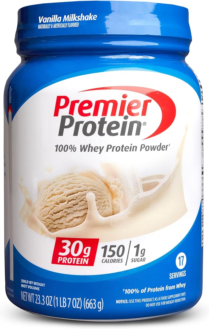 Premier Protein Powder, Vanilla Milkshake, 30g 1g Sugar, 100% Whey 17 Servings, 23.3 Ounces