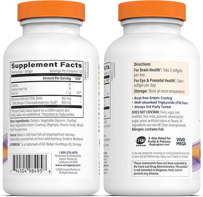 OmegaVia DHA 600 mg Omega-3 DHA 3 Supplement, 5-Star Certified 120 Softgels