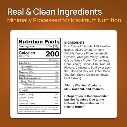 ProGo Protein Bars, Energy Bars – 21g Clean Protein, 95% Pure Isolate for Muscle Growth, Collagen for Recovery, Low Calorie, Sweetened w/ Honey & Peanut Butter (20-Count, Coffee Crunch)