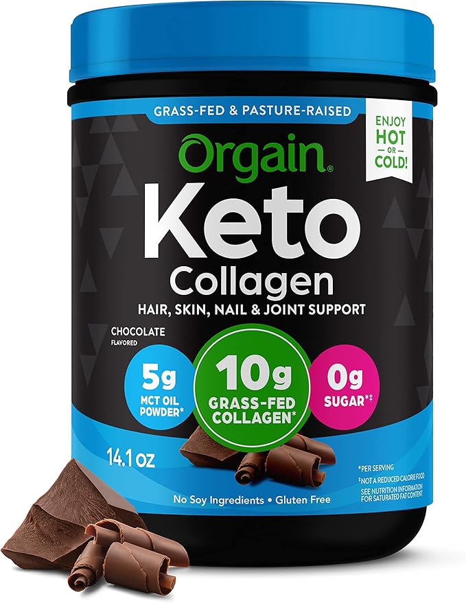 Orgain Keto Collagen Protein Powder, Chocolate 10g Grass 5g MCT 0.88lb