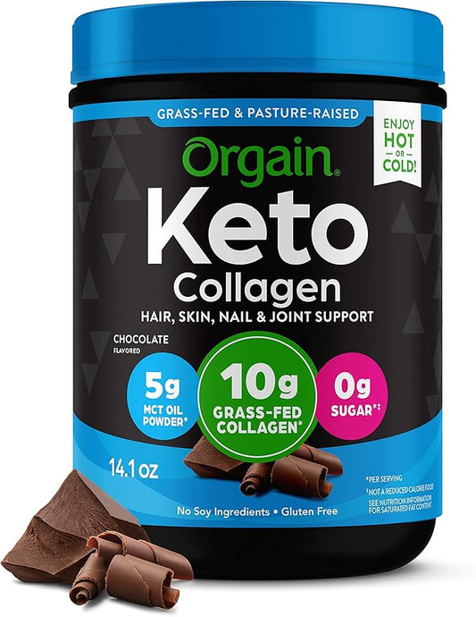 Orgain Keto Collagen Protein Powder, Chocolate 10g Grass 5g MCT 0.88lb