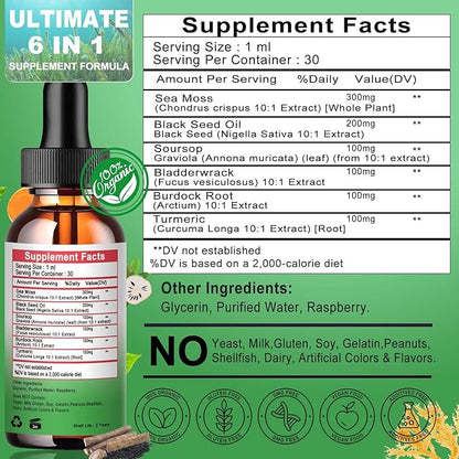Sea Moss Black Seed Oil Soursop Liquid Drops with Bladderwrack Burdock Root Turmeric - Multimineral & Vitamins Superfood Drops Organic Non-GMO for Immune & Digestive & Cell Support Skin Hair