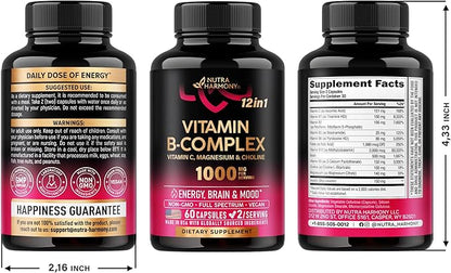 Vitamin B Complex for Men & Women - Made in USA - B-Complex: B1, B2, B3, B5, B6, B7, B8, B9, B12 with Vitamin C, Choline, Inositol - Energy, Brain & Heart Support Supplement, 60 Vegan Capsules